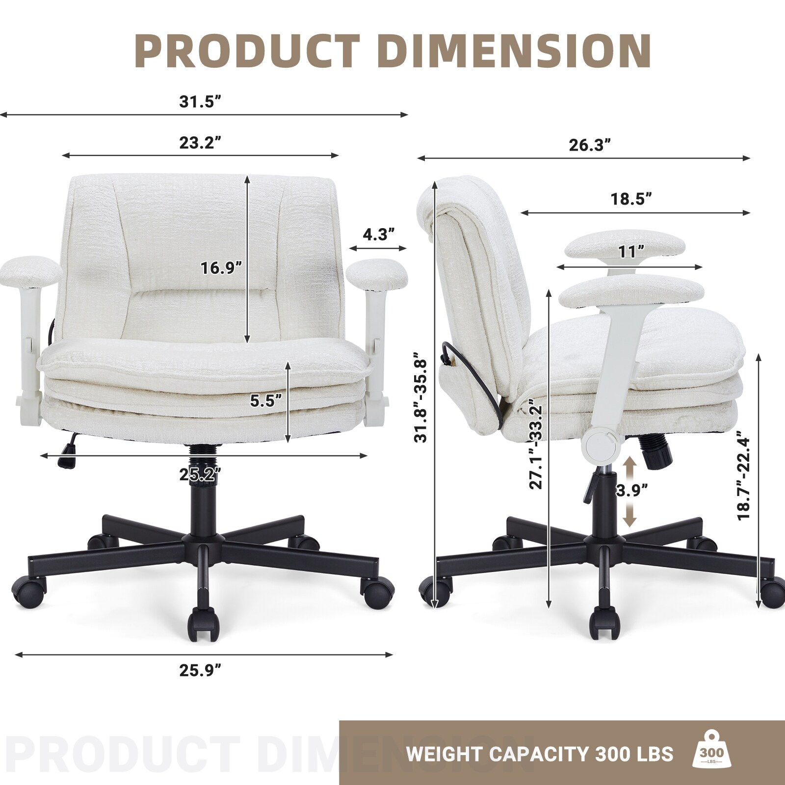 Criss Cross Chair With Wheels And Flip Arms, Upholstered Cross Legged Office Chair With 3 Layer Cushions&Dynamic Airbag Lumbar Support, Wide Seat Comfy Desk Chair For Home Office, Living Room, Beige_maomaolike.com